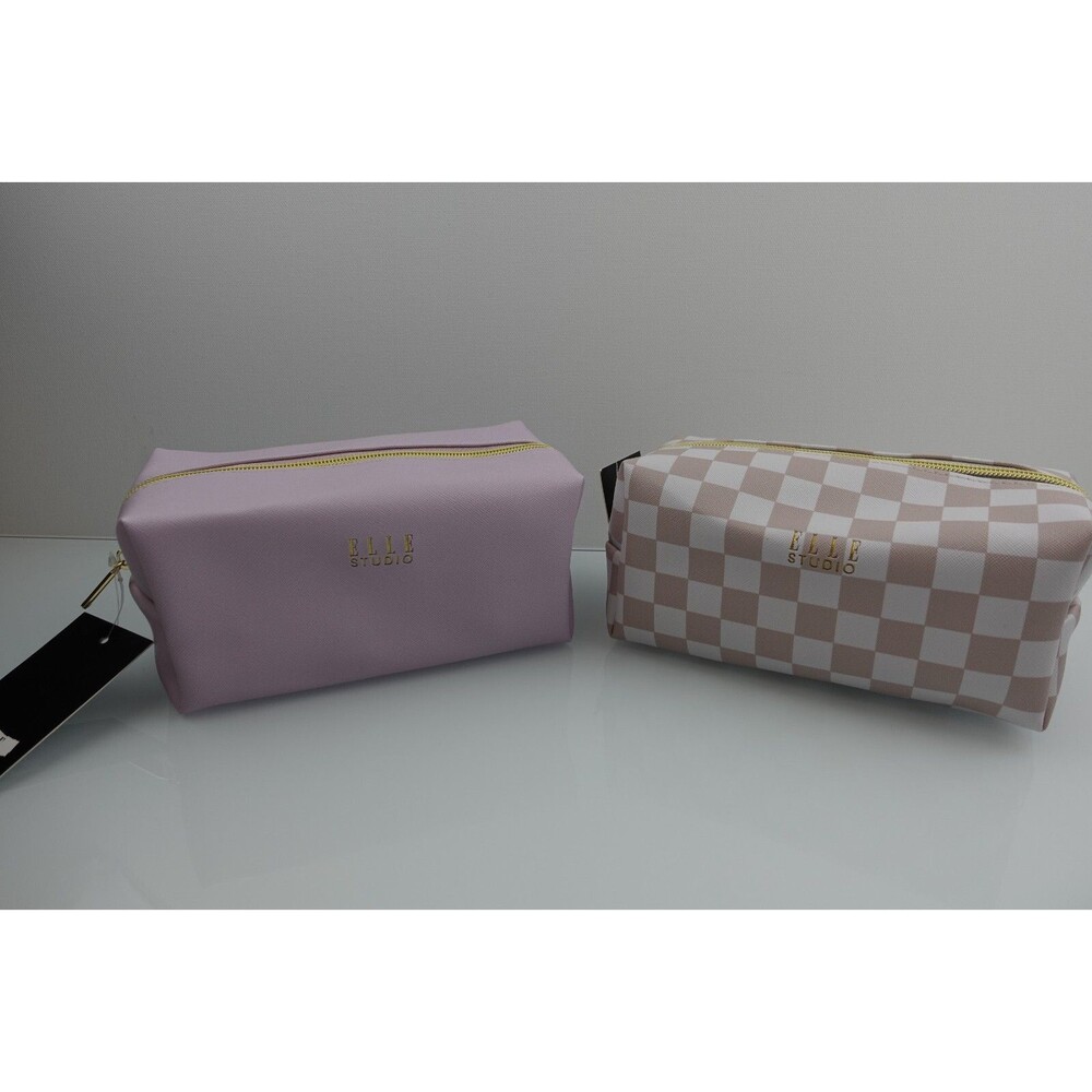 Lot of 2 Cosmetic Pouches Checkered Purple Makeup Bag Travel Organizer for Women